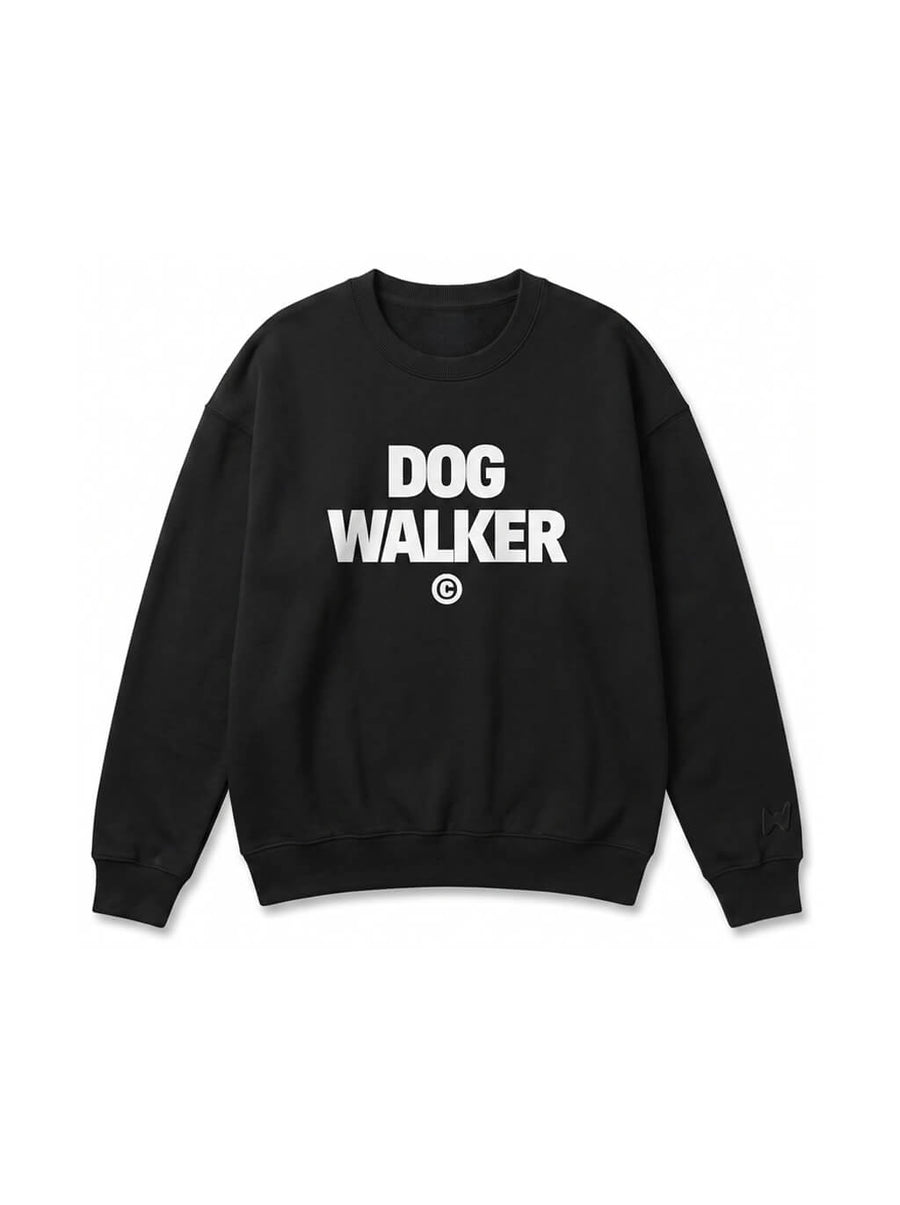 Black Dog Walker Sweatshirt from WOOF, front view of the print