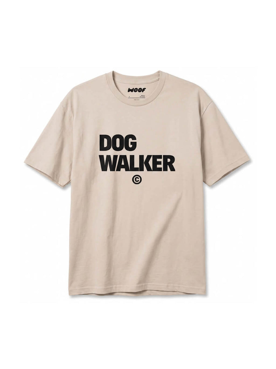 Beige Dog Walker T-Shirt from WOOF, front view of the print