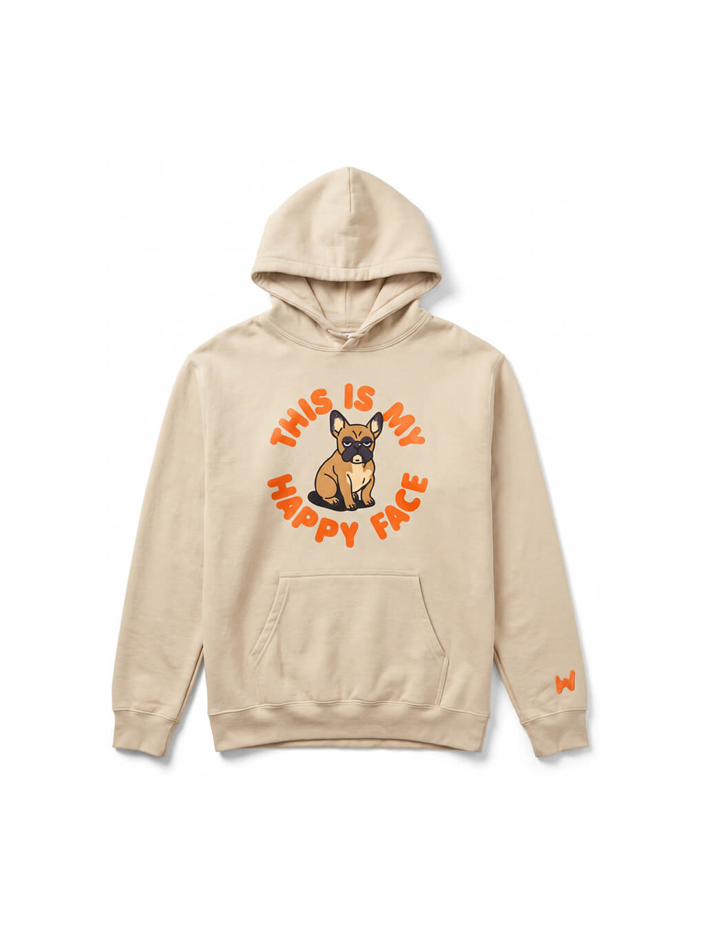 Beige This Is My Happy Face Frenchie Hoodie from WOOF, front view of the print