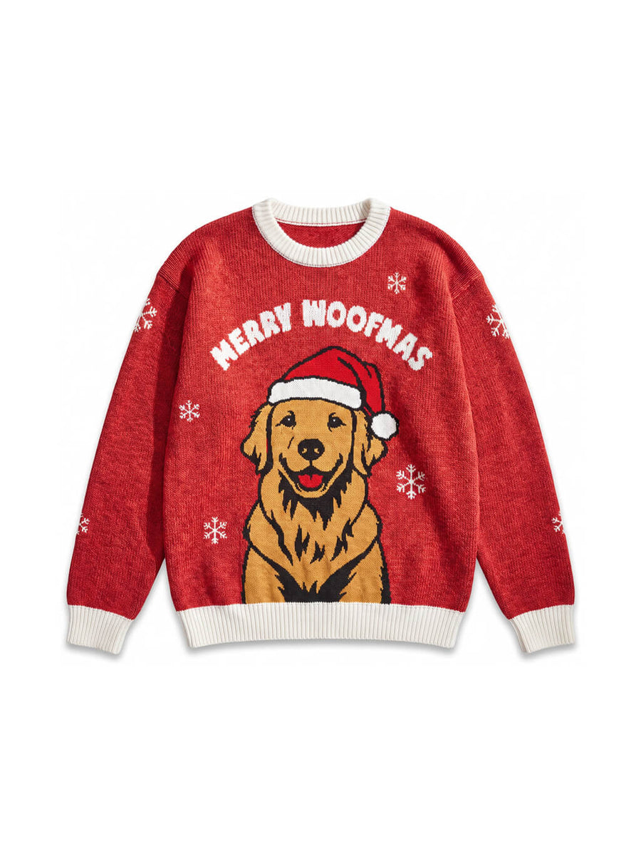Red Golden Retriever Christmas Sweater from WOOF, front view of the knitted pattern