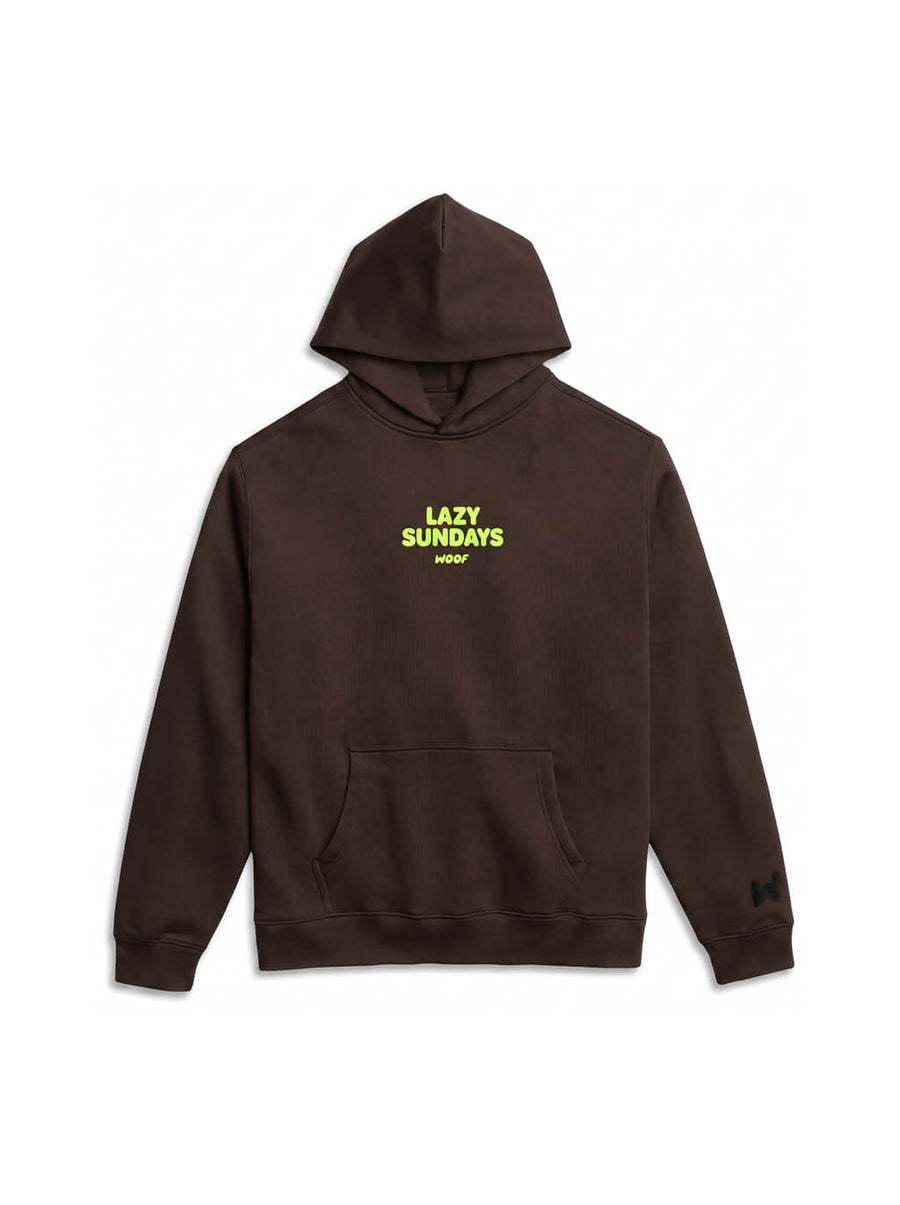 Brown Lazy Sundays Frenchie Hoodie from WOOF, front view of the print