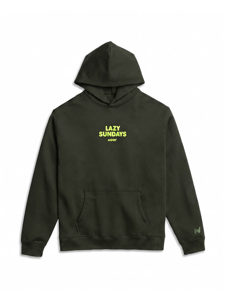 Green Lazy Sundays Frenchie Hoodie from WOOF, front view of the print
