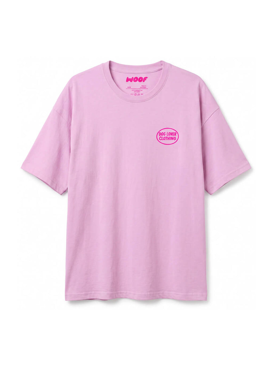 Pink Life is Better with a Dog T-Shirt from WOOF, front view of the print