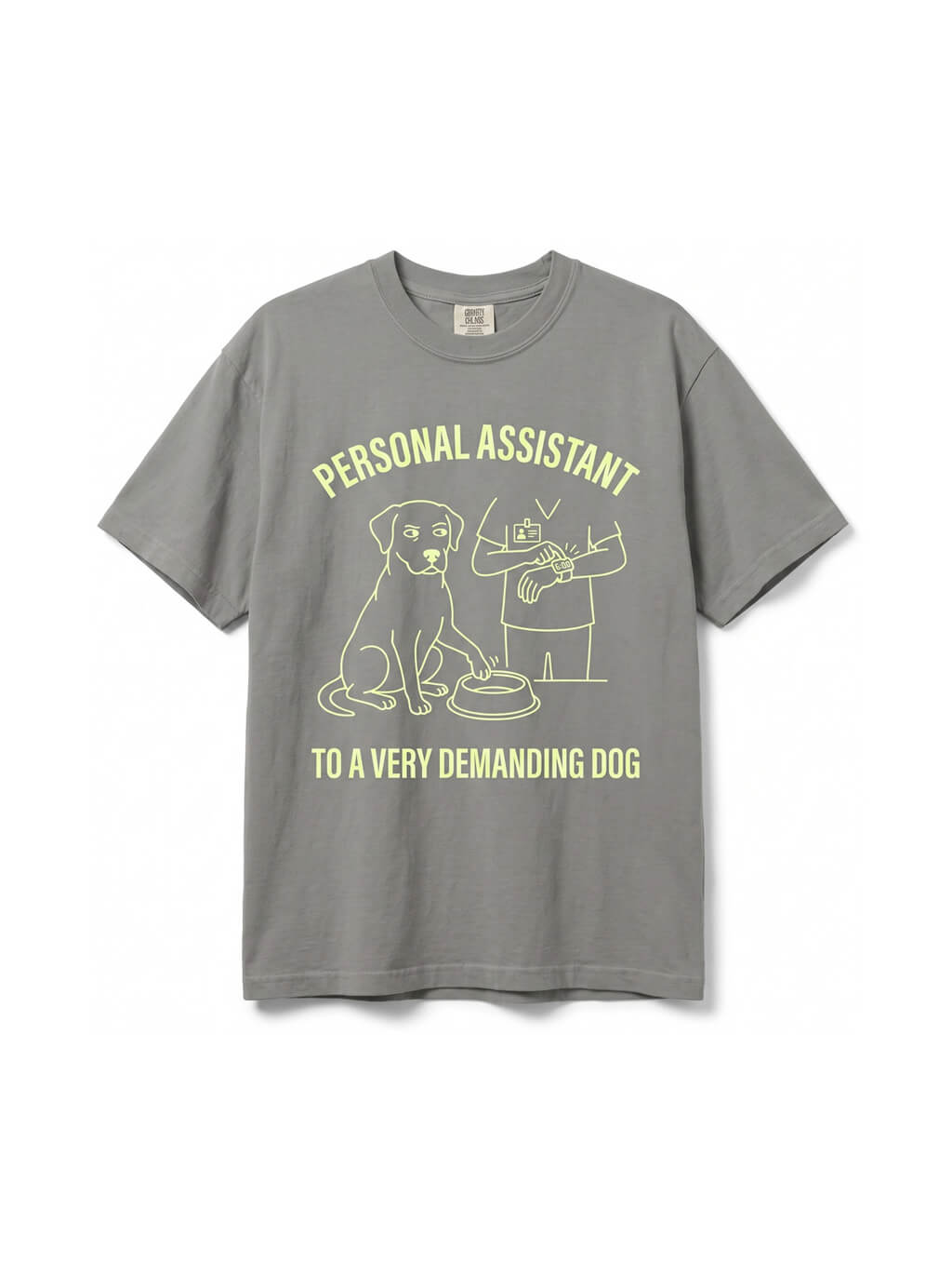 Grey Personal Assistant Dog T-Shirt from WOOF, front view of the print