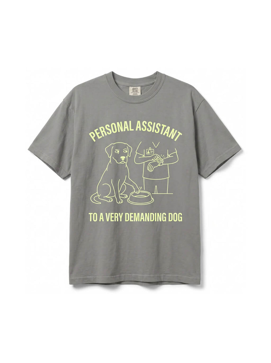 Grey Personal Assistant Dog T-Shirt from WOOF, front view of the print