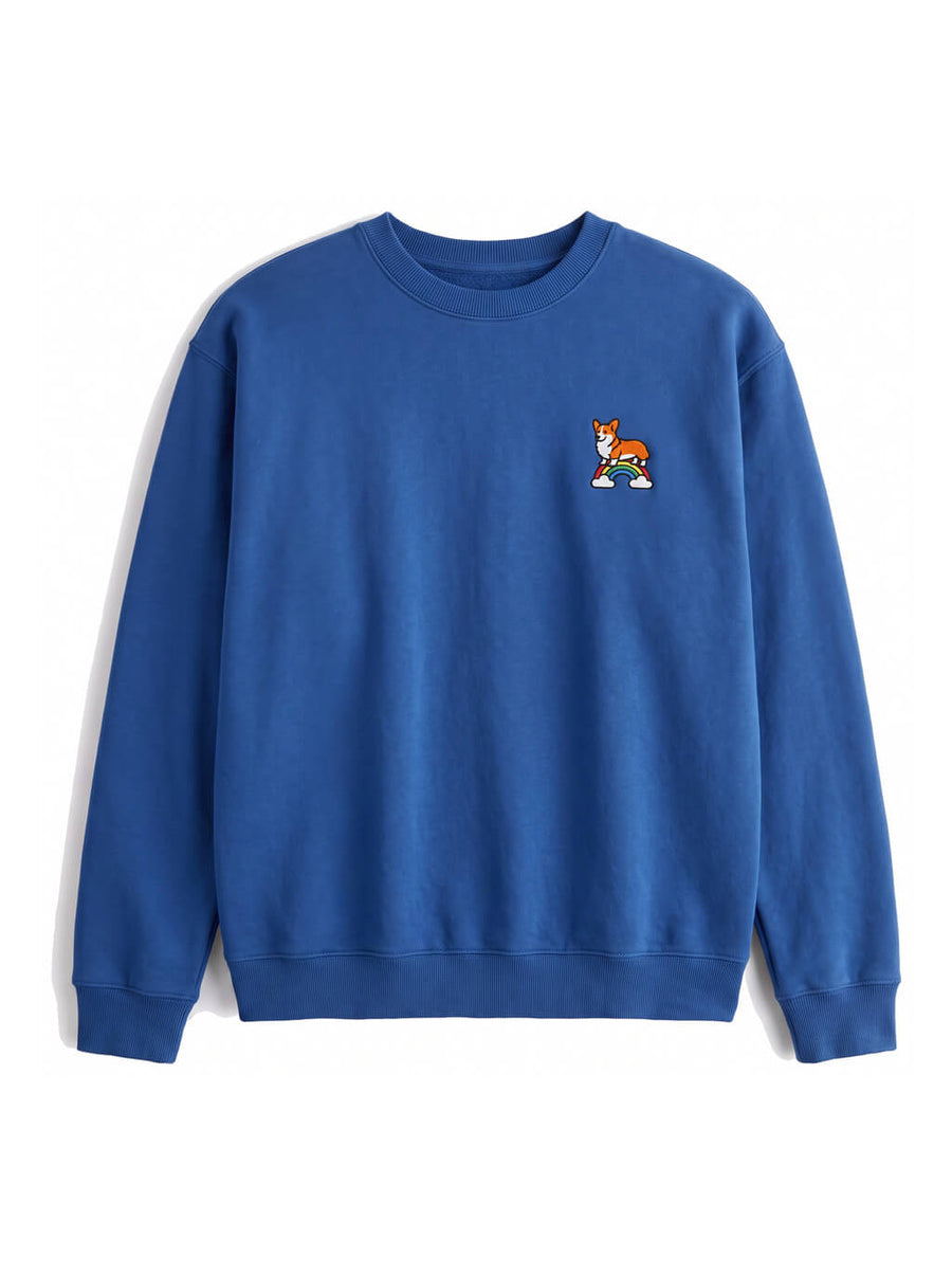 Blue Rainbow Bridge Corgi Sweatshirt from WOOF, front view of the print