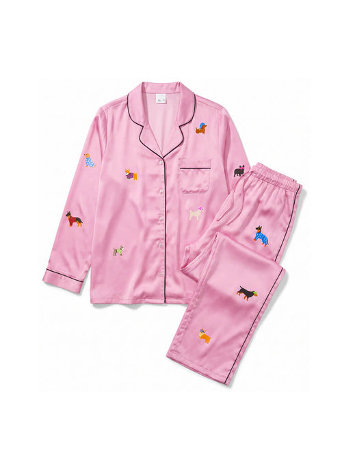 Pink silky dog pajama set from WOOF, front view of the top and trousers