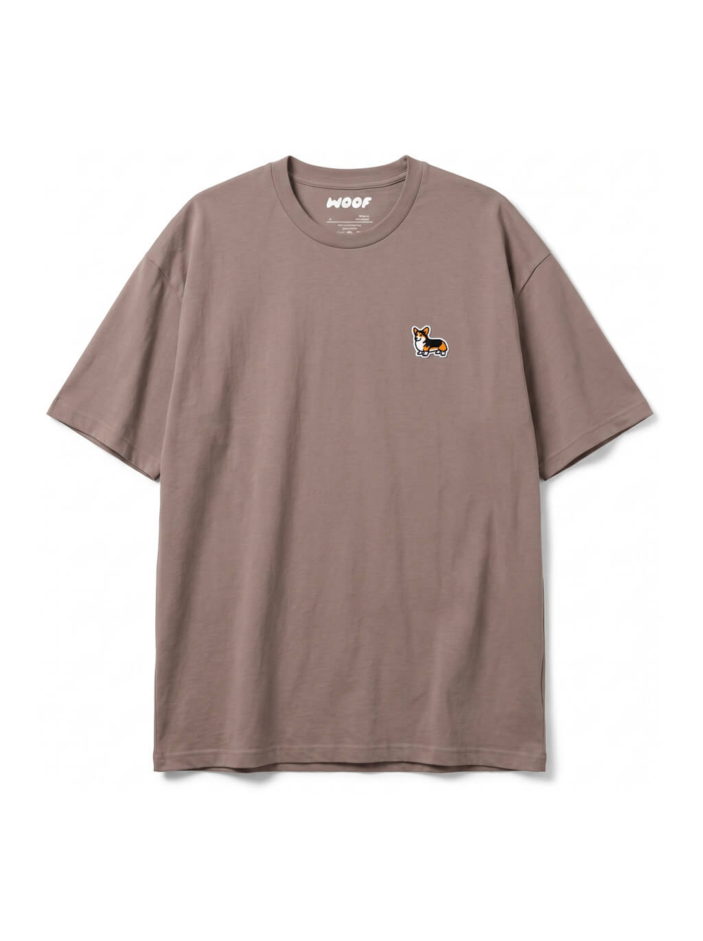 Brown tricolor corgi embroidered T-Shirt from WOOF, front view