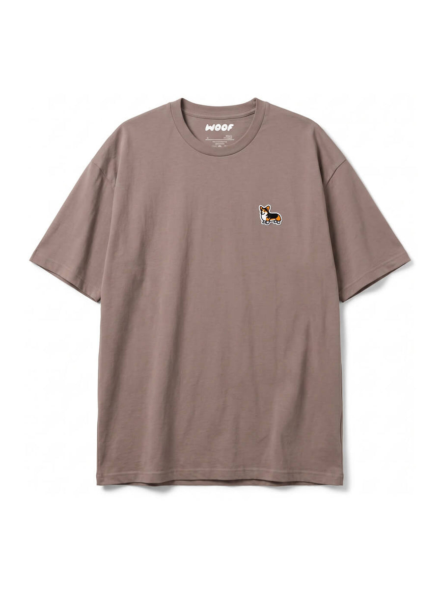Brown tricolor corgi embroidered T-Shirt from WOOF, front view