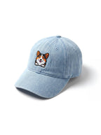 Blue Tricolor Corgi Denim Cap from WOOF, front view of the patch