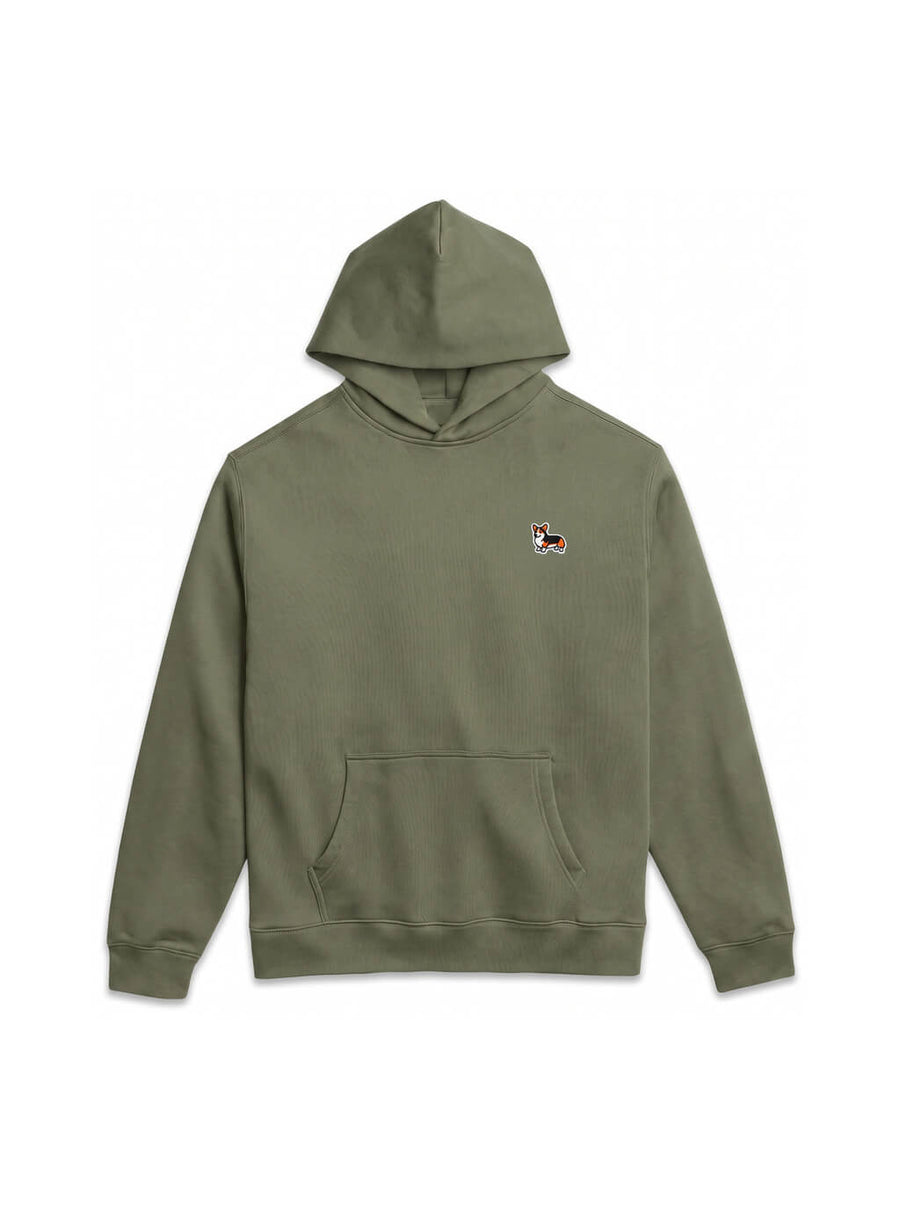Military green Tricolor Corgi Sidekick Hoodie from WOOF, front view of the patch