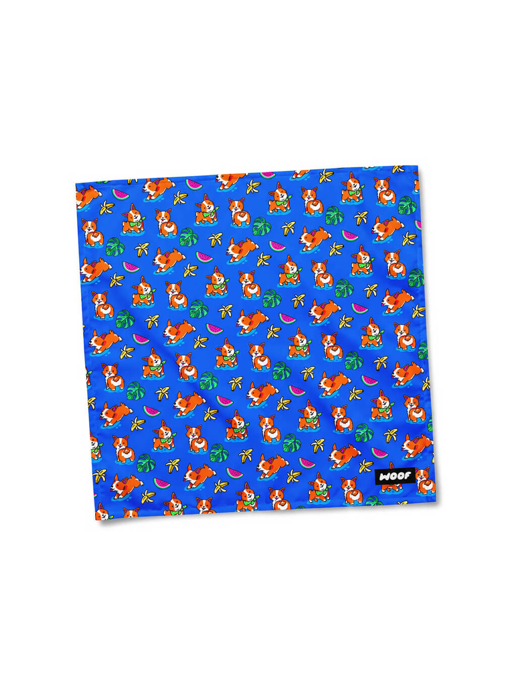 Blue Tropical Corgi Paradise Dog Bandana from WOOF, front view of the print