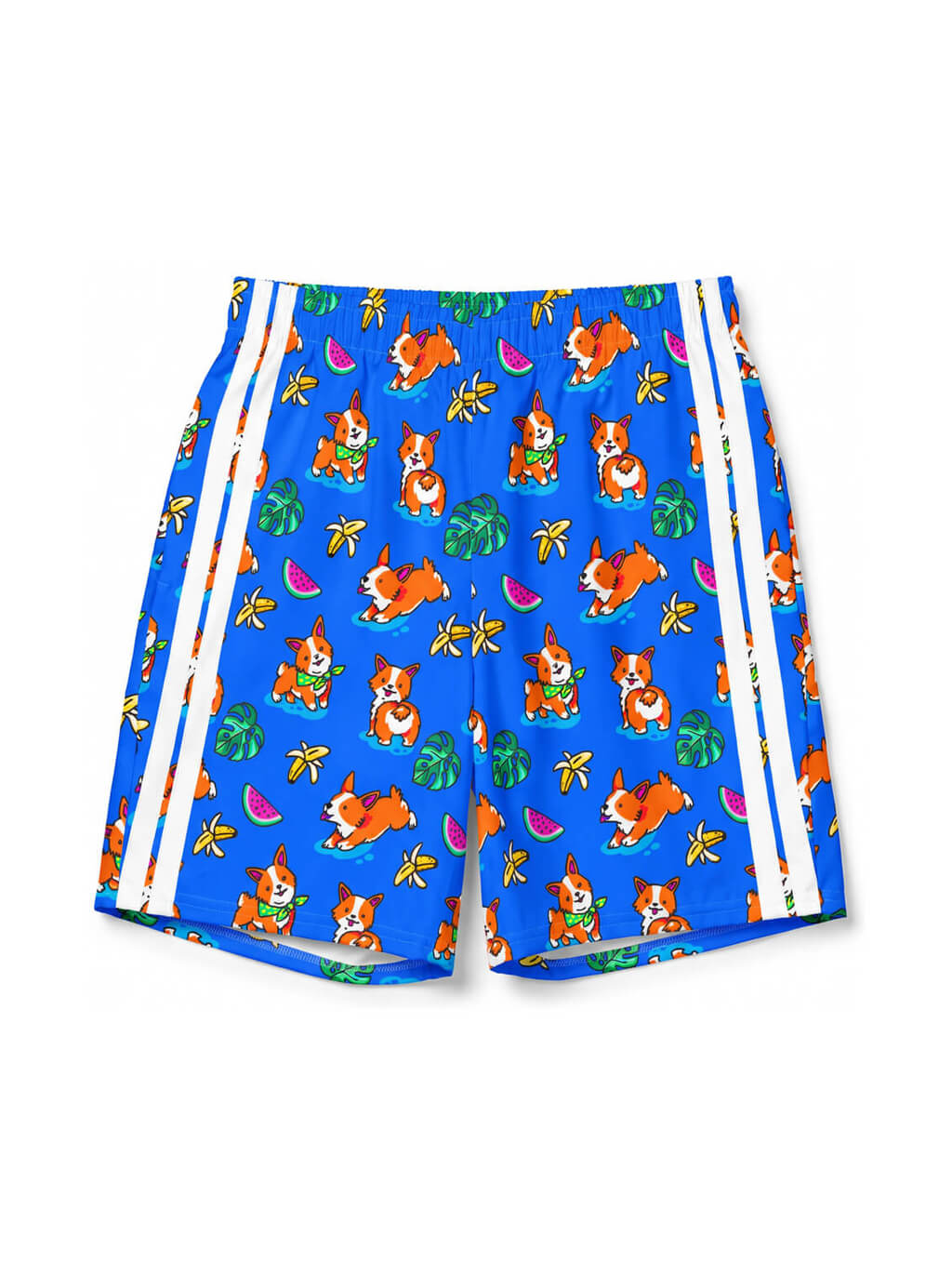 Blue Tropical Corgi Beach Party Swim Shorts from WOOF, front view