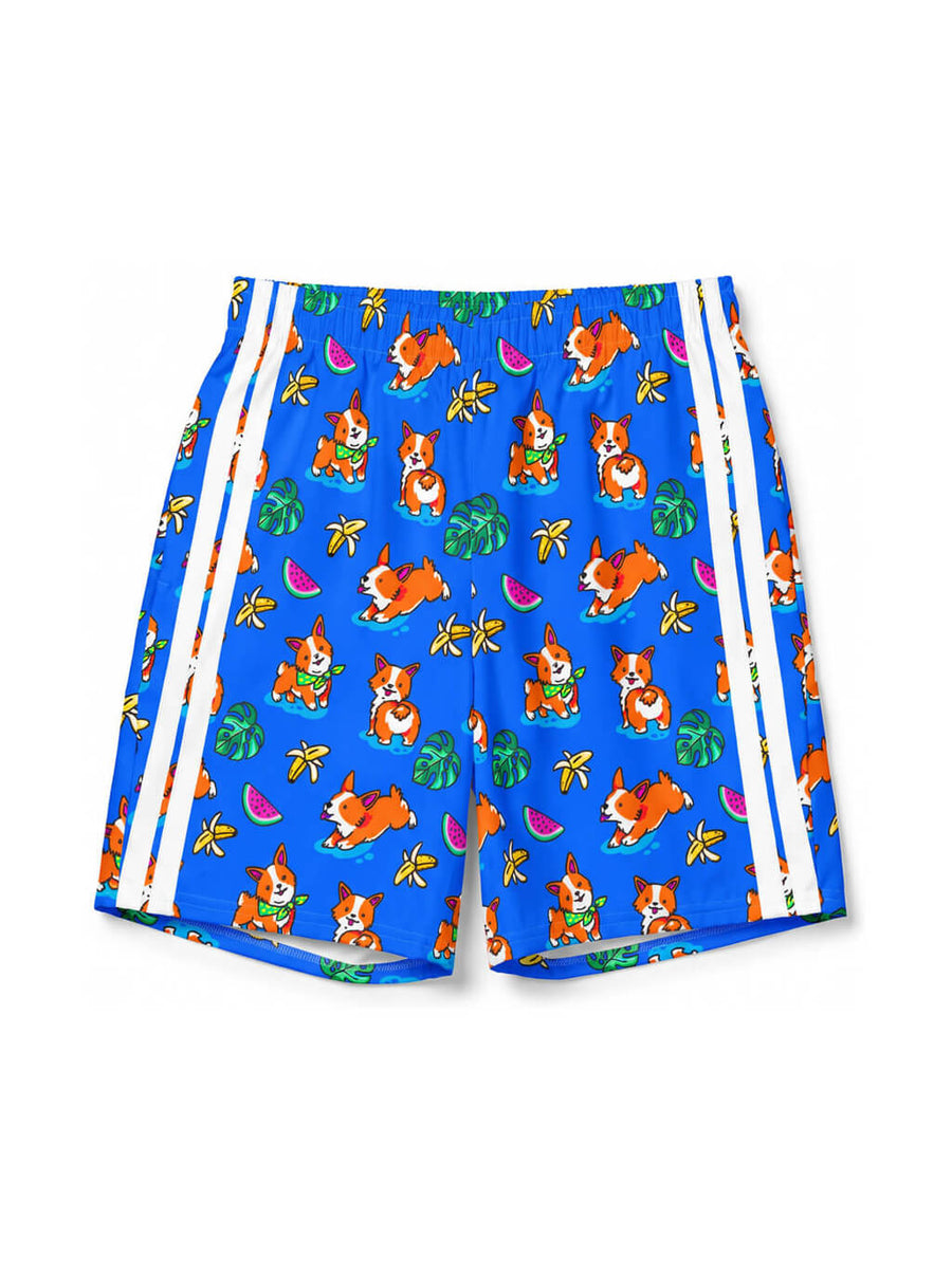 Blue Tropical Corgi Beach Party Swim Shorts from WOOF, front view