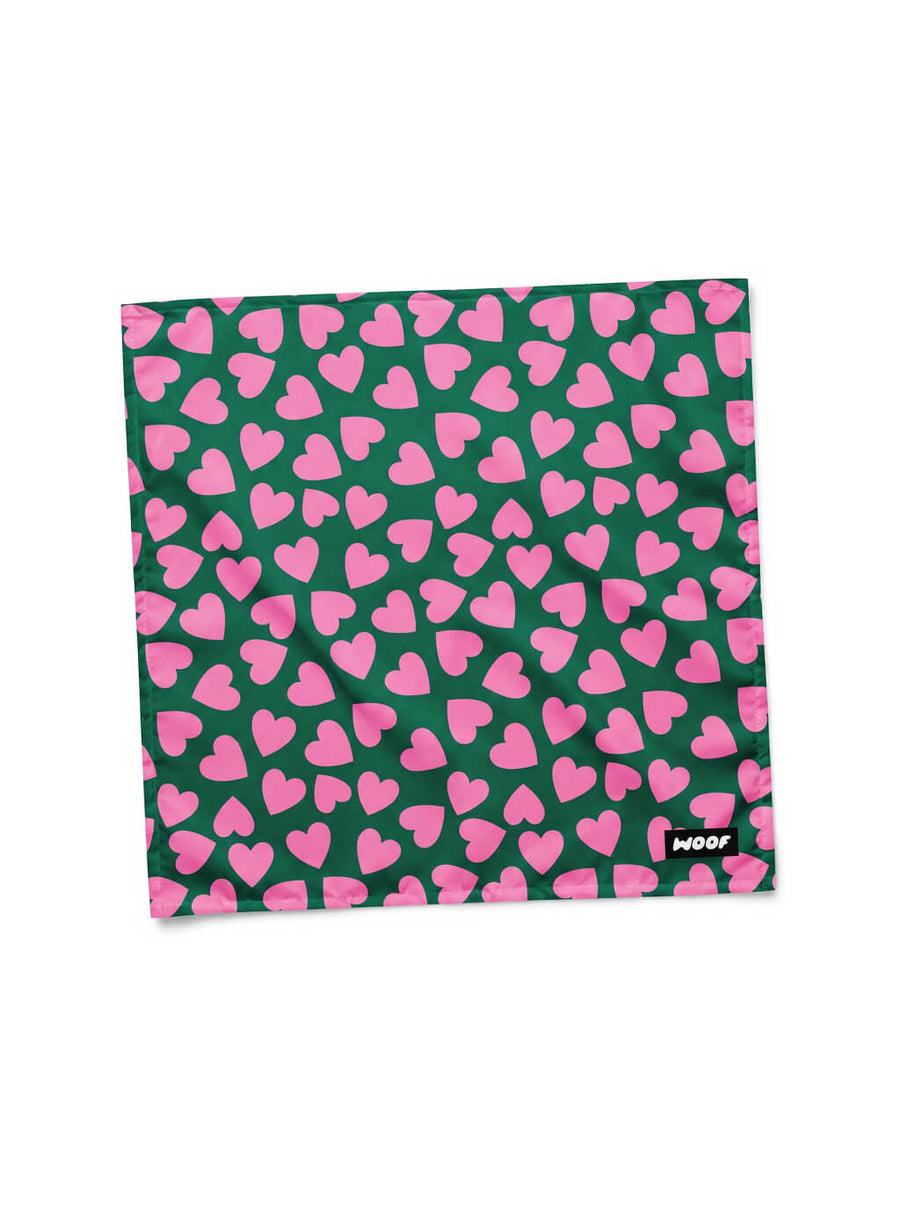 Green Valentine's Day Dog Bandana from WOOF, front view of the print