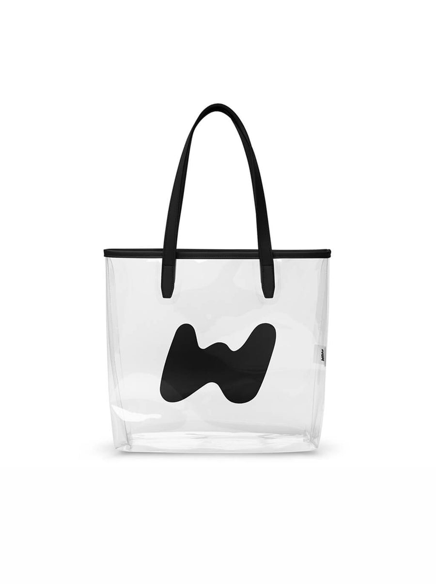 Clear WOOF dog tote bag, front view with the printed logo