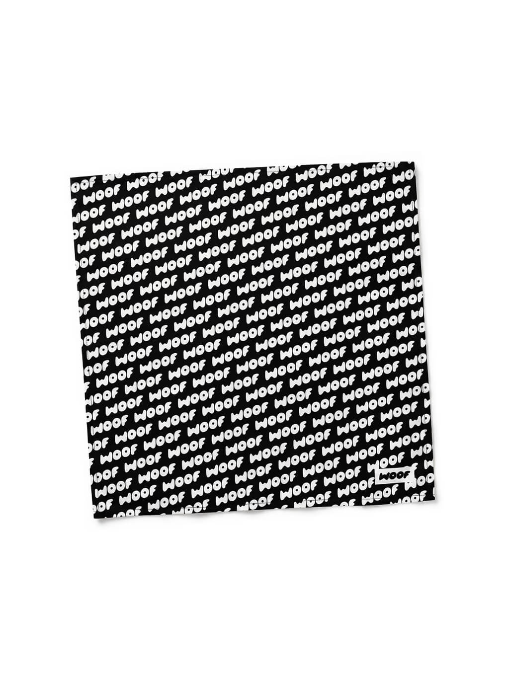 Black WOOF Logo Dog Bandana, front view of the printed logo