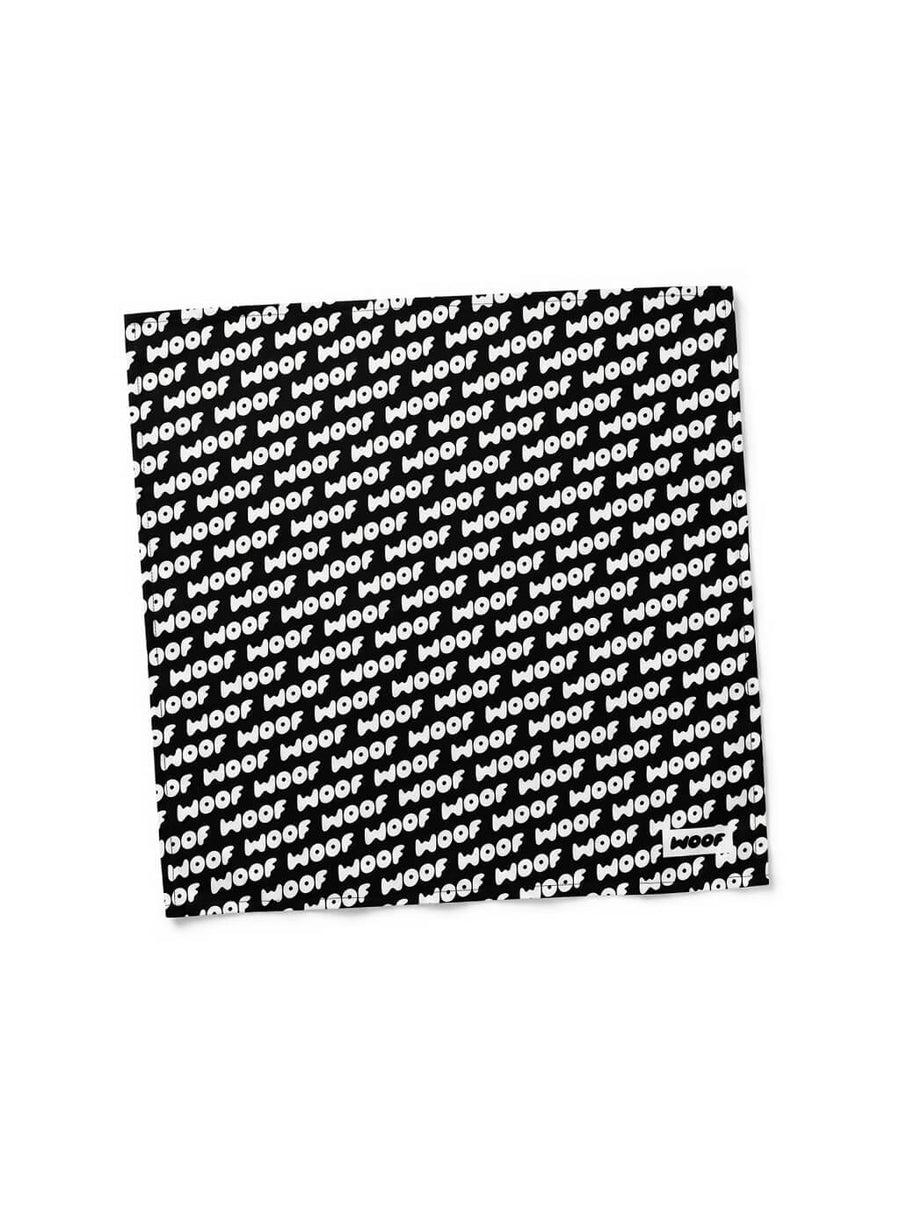 Black WOOF Logo Dog Bandana, front view of the printed logo