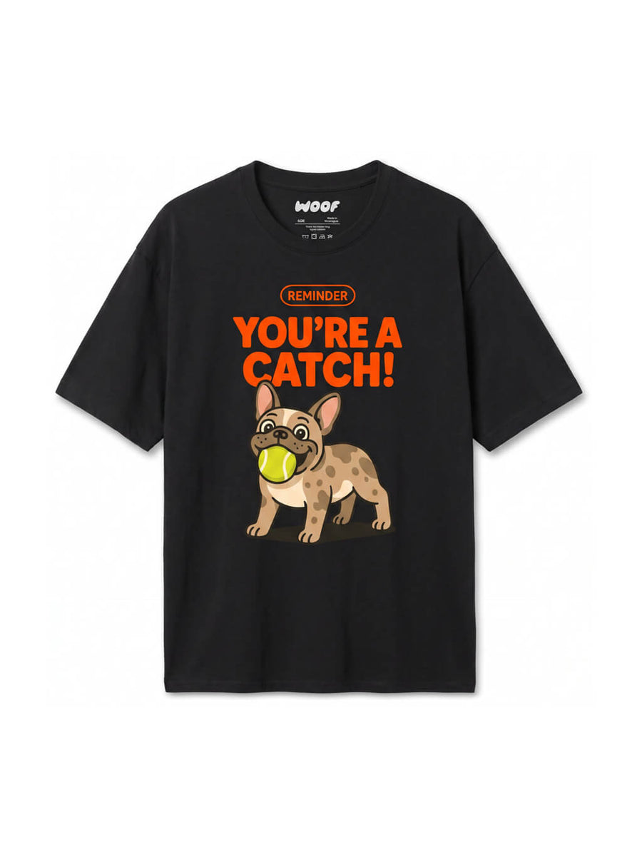 Black You're a Catch Frenchie T-Shirt from WOOF, front view of the french bulldog print