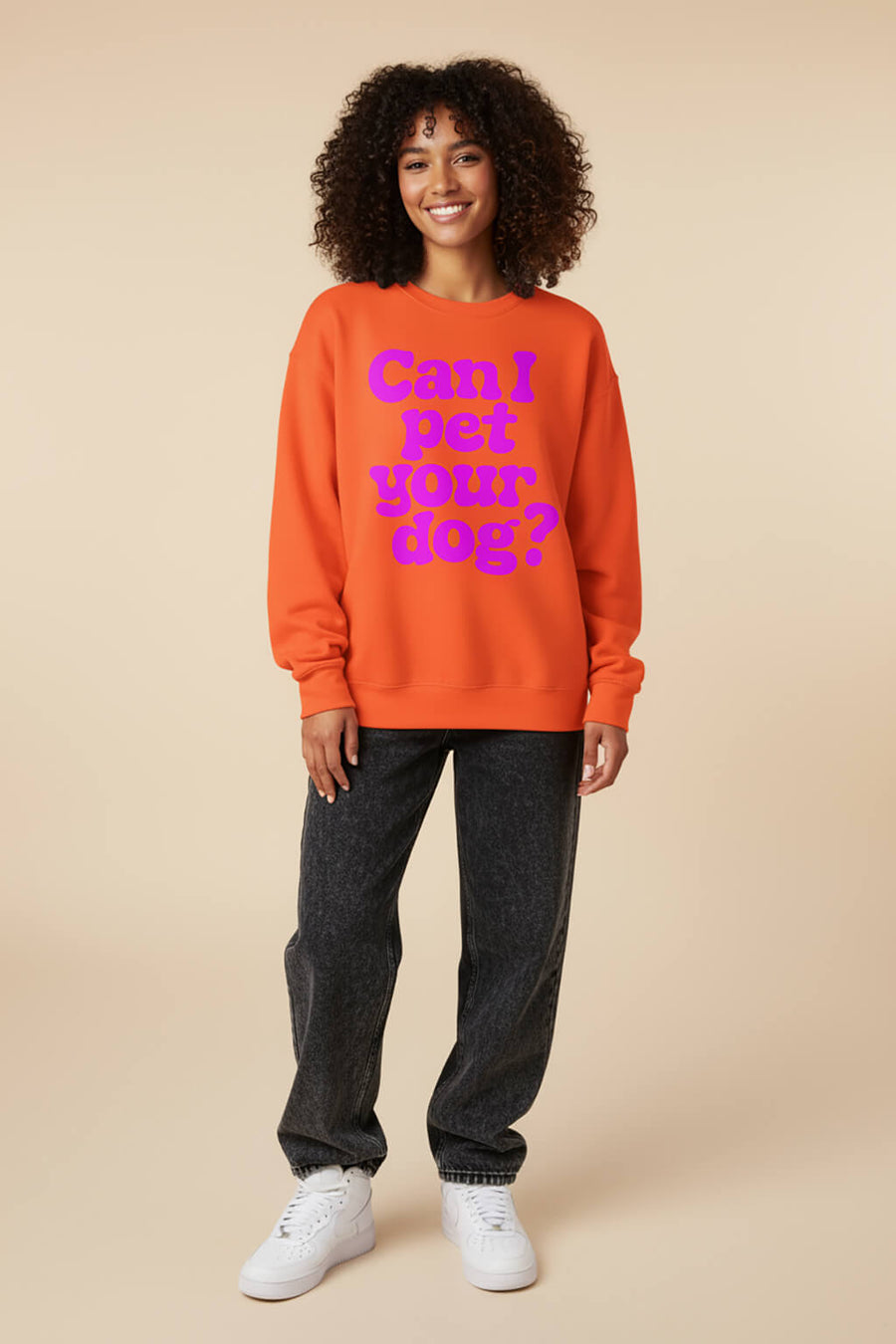 Orange Can I Pet Your Dog Sweatshirt from WOOF on a plain background