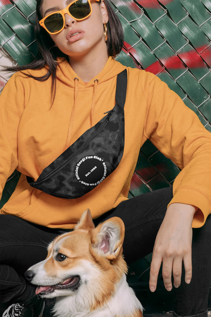 Corgi Fan Club Elite Camo Fanny Pack from WOOF, front view of the camo fabric