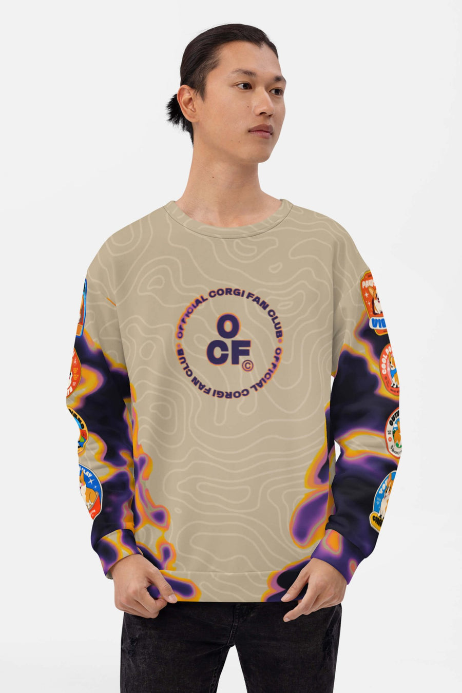 Model wearing the Official Corgi Fan Club Sweatshirt from WOOF, front view