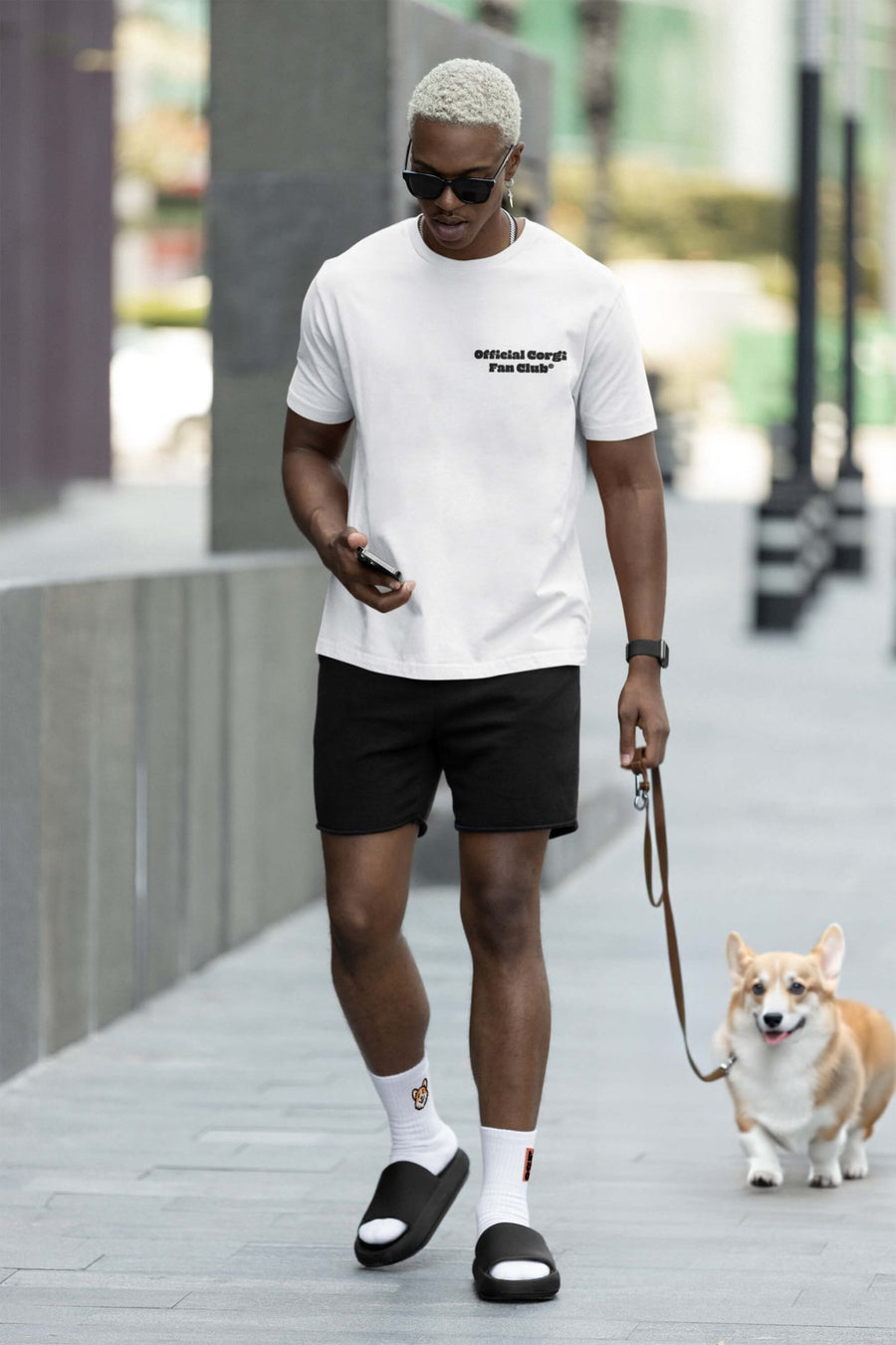 White Corgi Fan Club T-Shirt from WOOF, front view with the club badge