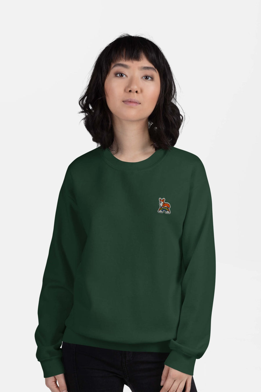 Forest green Rainbow Bridge Corgi Sweatshirt from WOOF, front view
