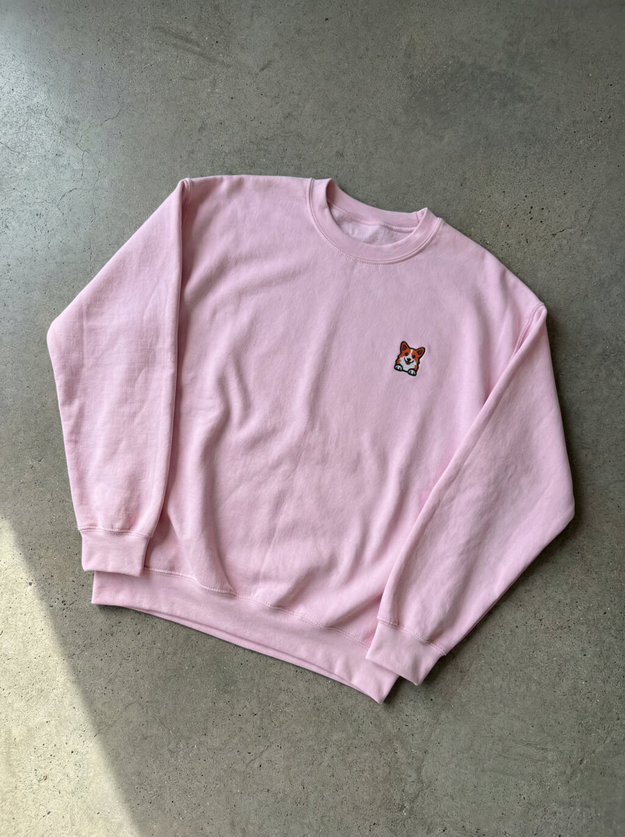 Pink Embroidered Corgi Sweatshirt from WOOF, front view