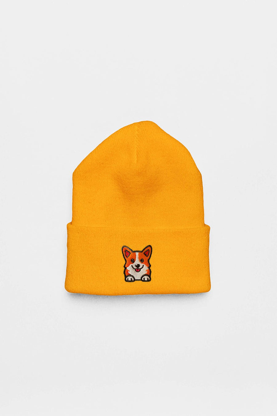 Yellow Cozy Corgi Patch Beanie from WOOF laid flat