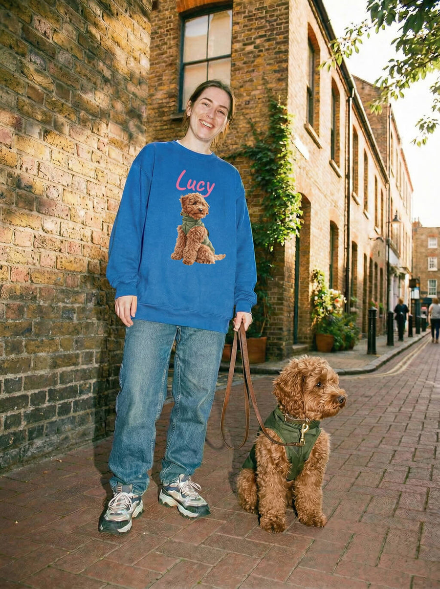 Blue custom dog illustration sweatshirt from WOOF, front view