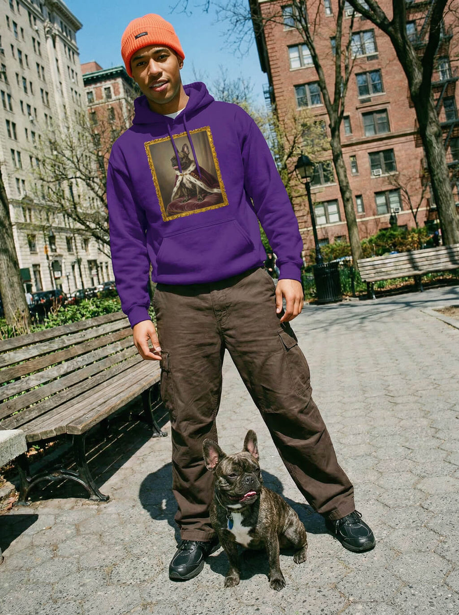 Purple custom royal dog portrait hoodie from WOOF, front view