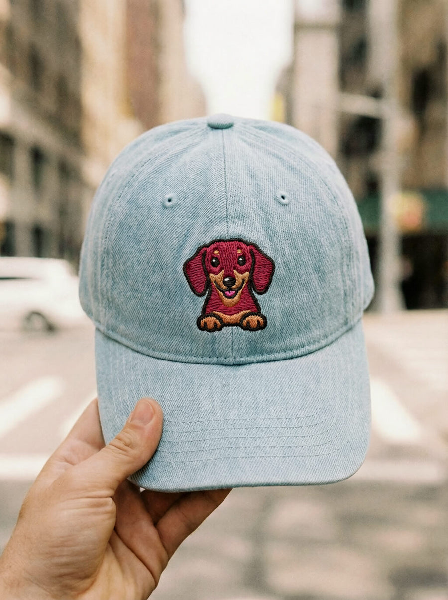 Stitching detail on the light blue Dachshund denim cap from WOOF