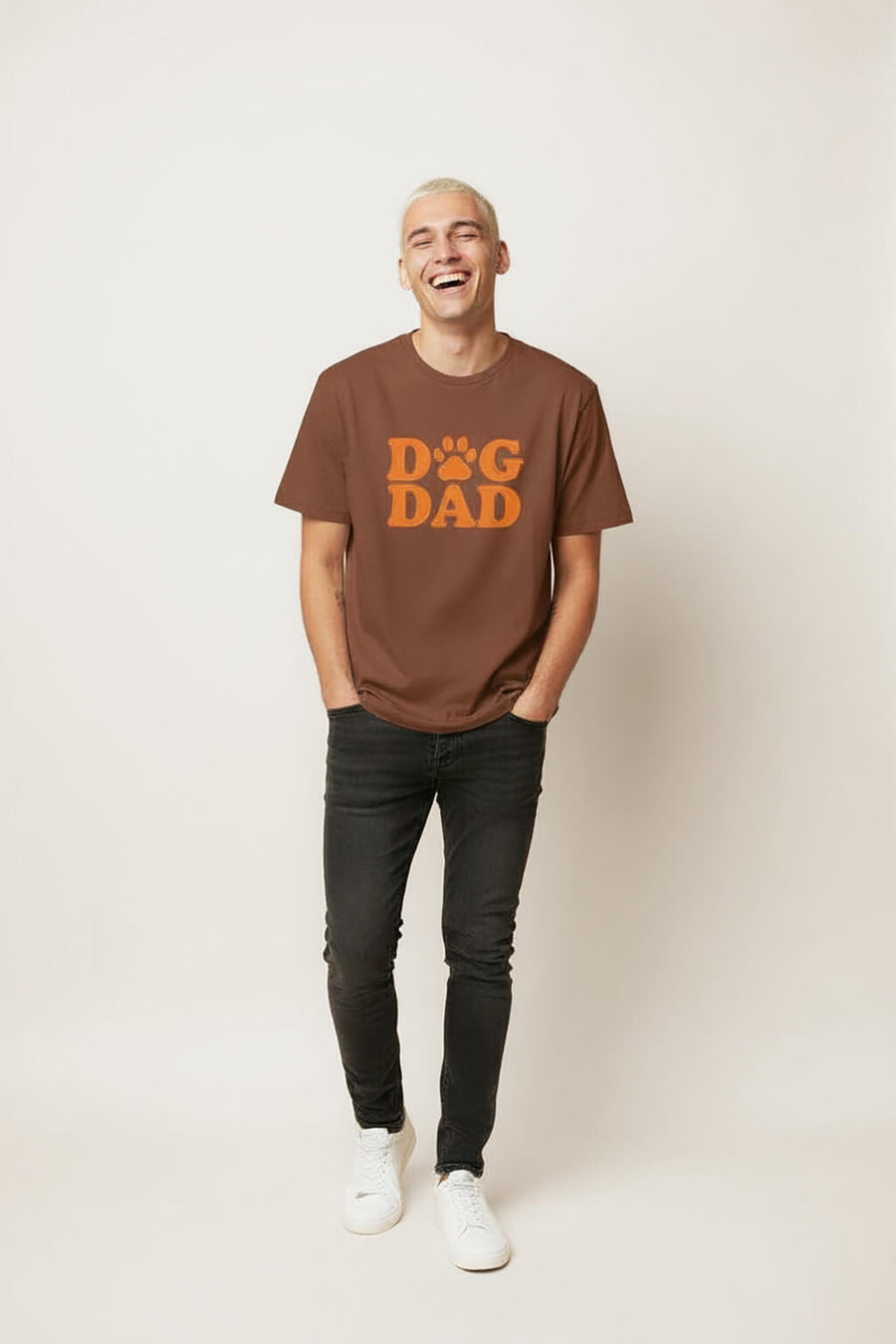 Front of the brown Soft Dog Dad T-Shirt from WOOF on a plain background