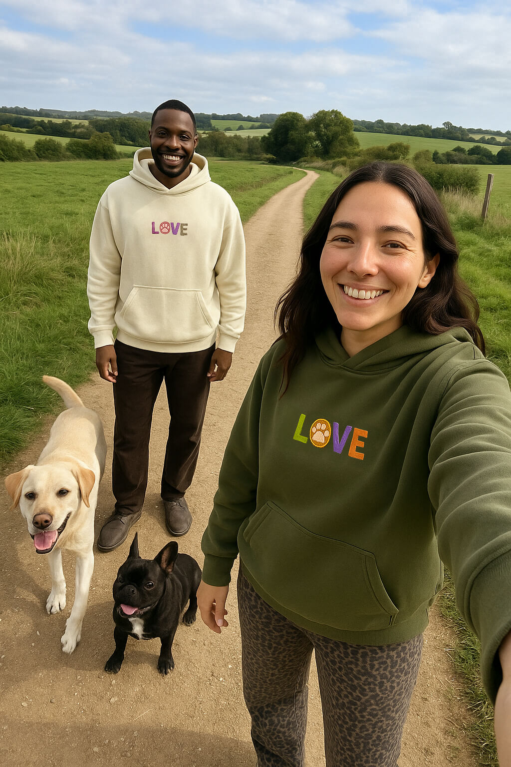 A smiling couple in Dogloverclothing.coms Super Soft Dog Love Hoodies, featuring an embroidered LOVE design, walk two dogs on a countryside path. The woman snaps a selfie with their yellow lab and black French bulldog amid green fields.