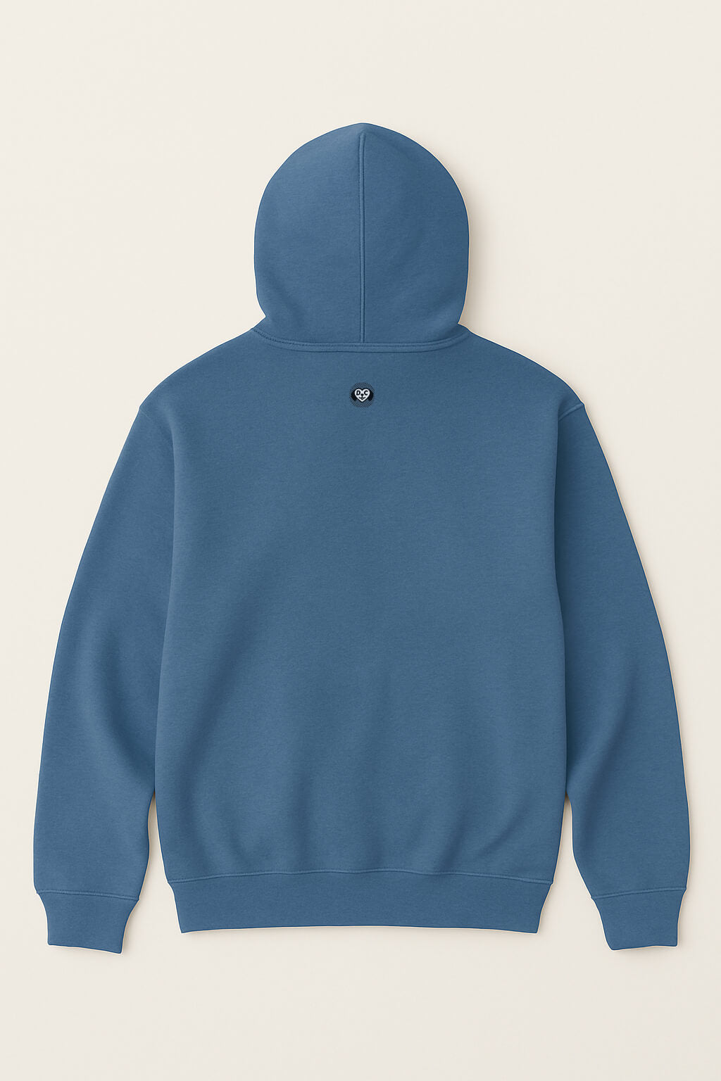 The Dog Mom Hoodie by Dogloverclothing.com is shown from the back, with a small round black and white paw-print logo below the hood, set against a plain light background.