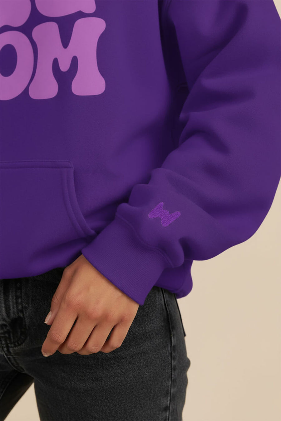 Print detail on the purple Dog Mom Hoodie from WOOF