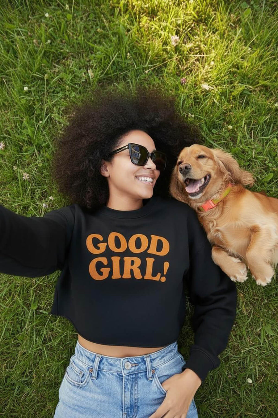 Black Good Girl Crop Sweatshirt from WOOF worn in a relaxed lifestyle shot