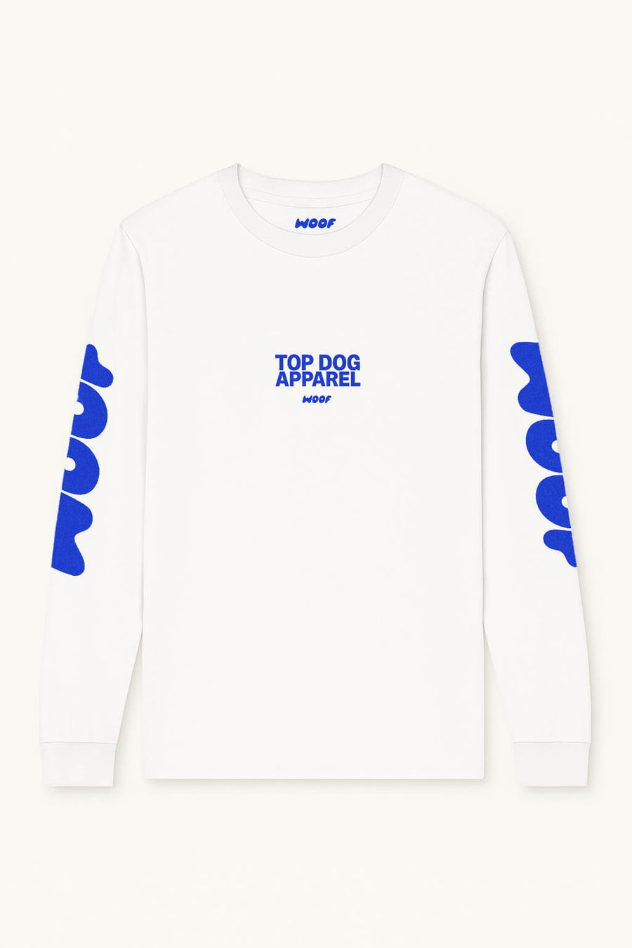 White Top Dog Apparel long sleeve T-Shirt from WOOF laid flat, back view