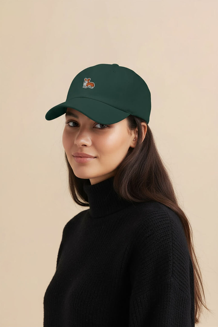 Green Iconic Corgi Baseball Cap from WOOF with the embroidered corgi