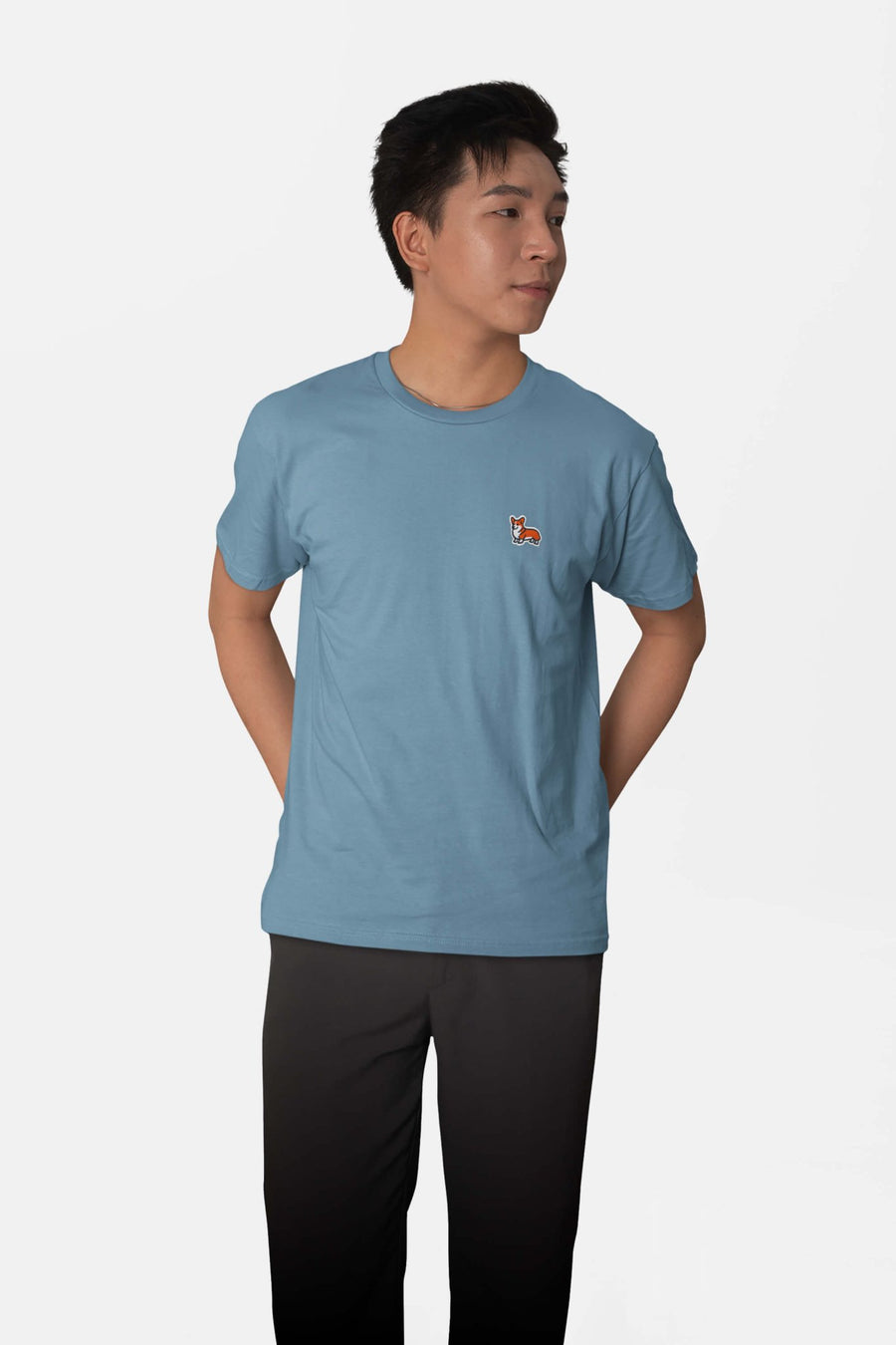 Steel blue Corgi Bobtail Buddy T-Shirt from WOOF, front view with the corgi icon