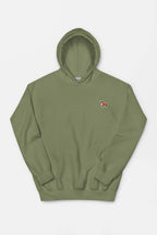 Experience ultimate comfort with Dogloverclothing.coms Classic Corgi Sidekick Embroidered Unisex Hoodie in olive green. Featuring a small embroidered fox on the left chest, front pouch pocket, and ribbed cuffs and hem—all against a plain white background for that Maximum Comfort Level.