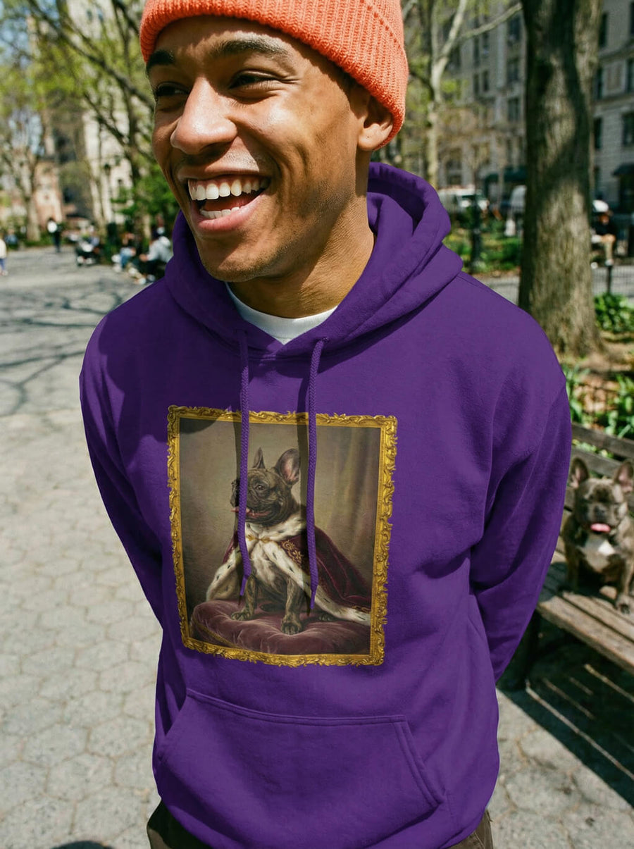 Purple custom royal dog portrait hoodie from WOOF with a framed dog painting