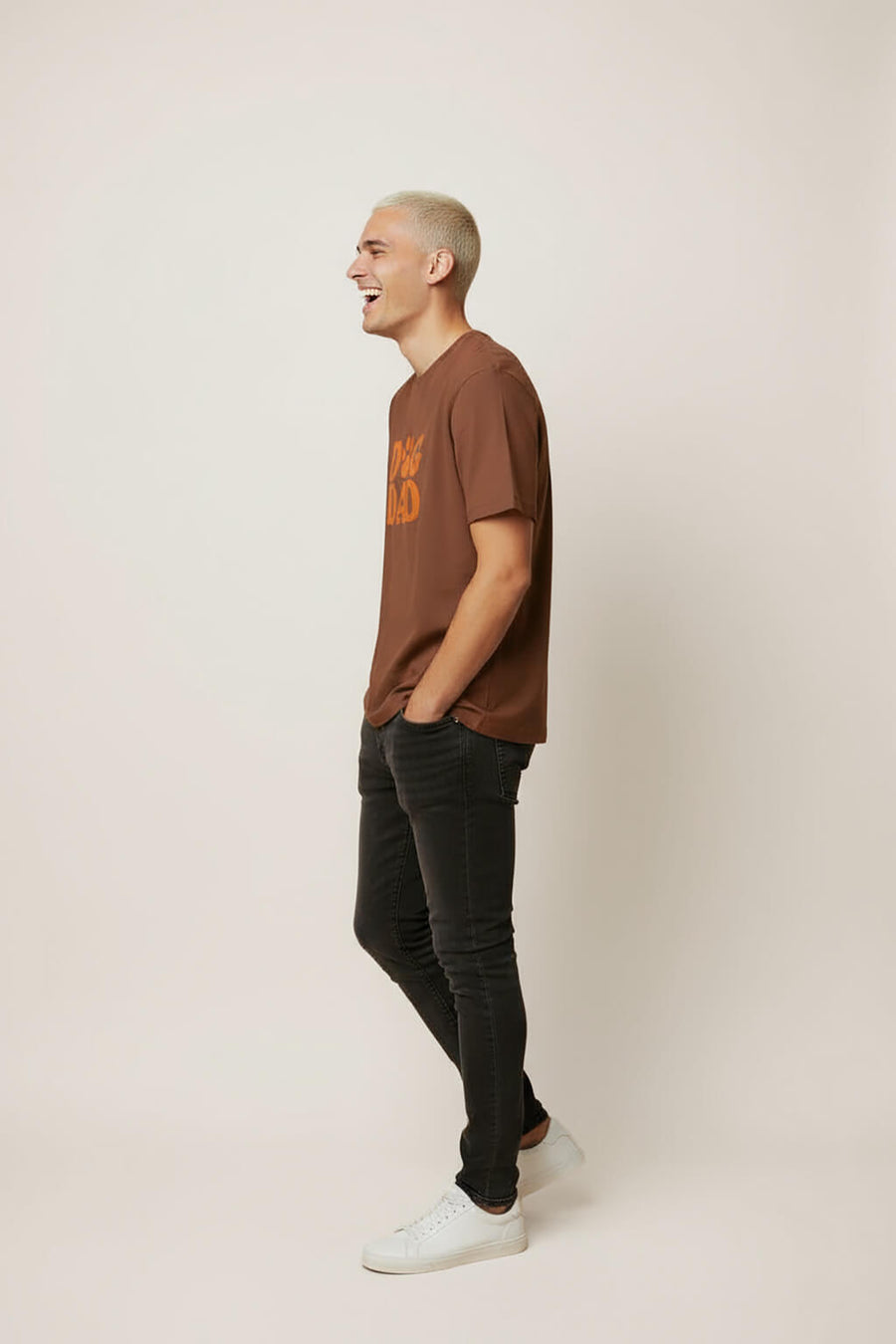 Side view of the brown Soft Dog Dad T-Shirt from WOOF
