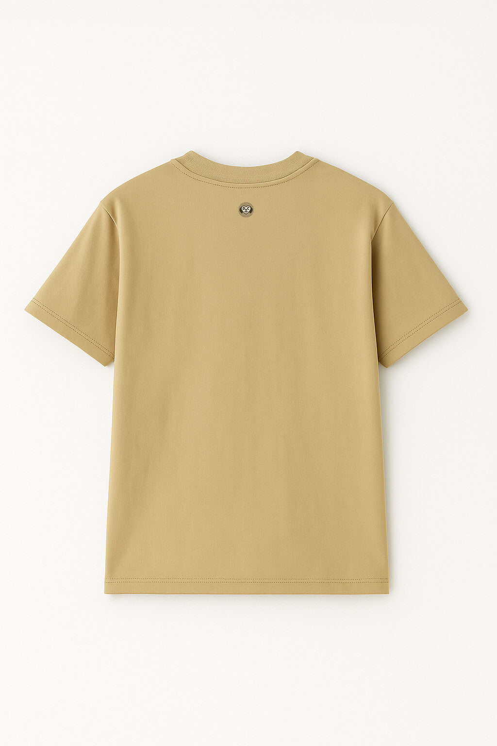 The Oversized Dog Dad T-Shirt by Dogloverclothing.com, in beige with short sleeves and a relaxed fit, is shown laid flat on a light background from the back, featuring a small circular logo below the collar.