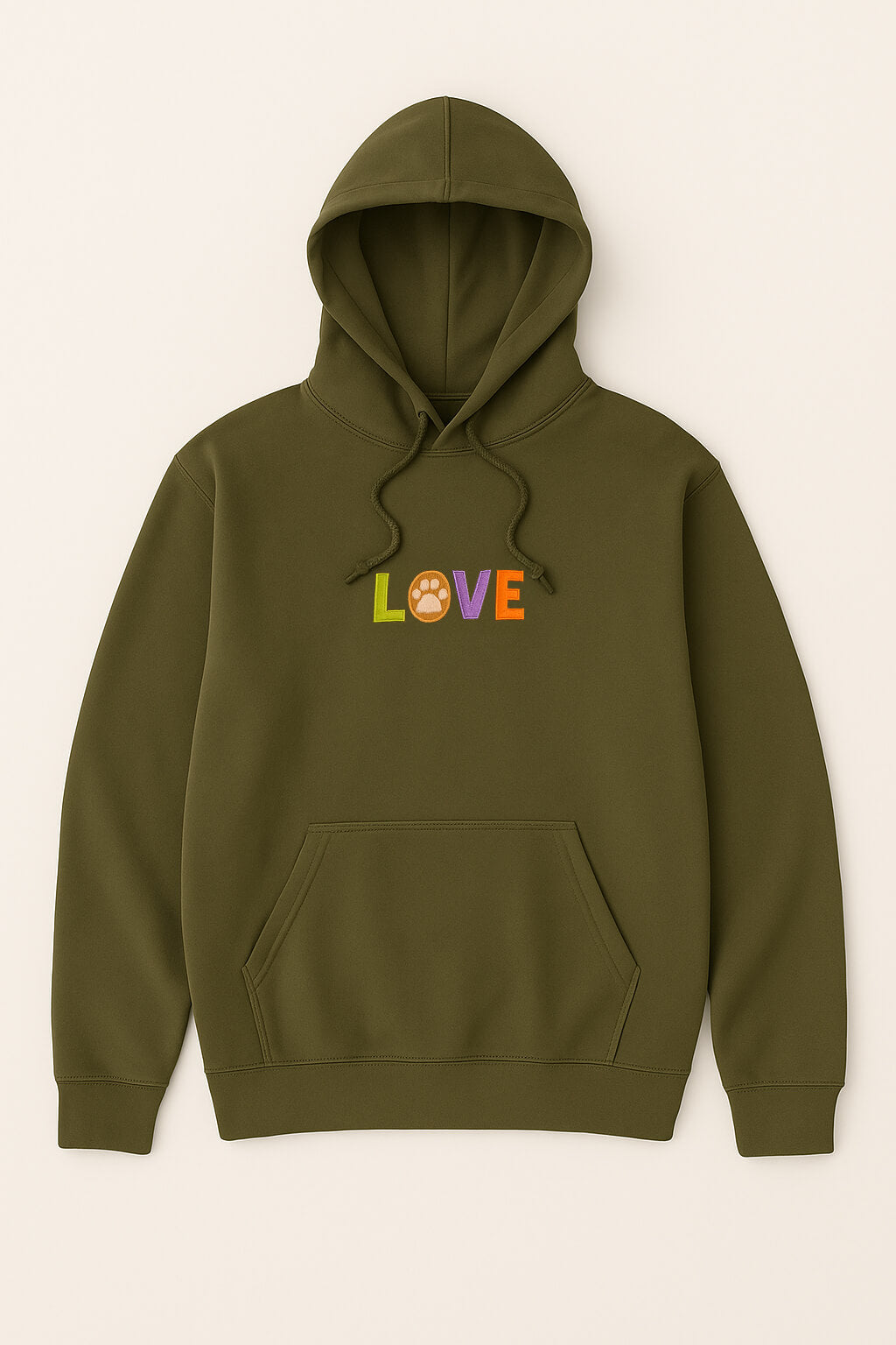 The Super Soft Dog Love Hoodie by Dogloverclothing.com is an olive green hoodie featuring an embroidered LOVE design with a paw print “O,” front pocket, and drawstrings—perfect for stylish dog parents.
