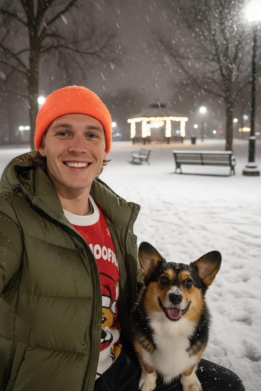 Model wearing the Merry Woofmas Corgi Christmas sweater from WOOF