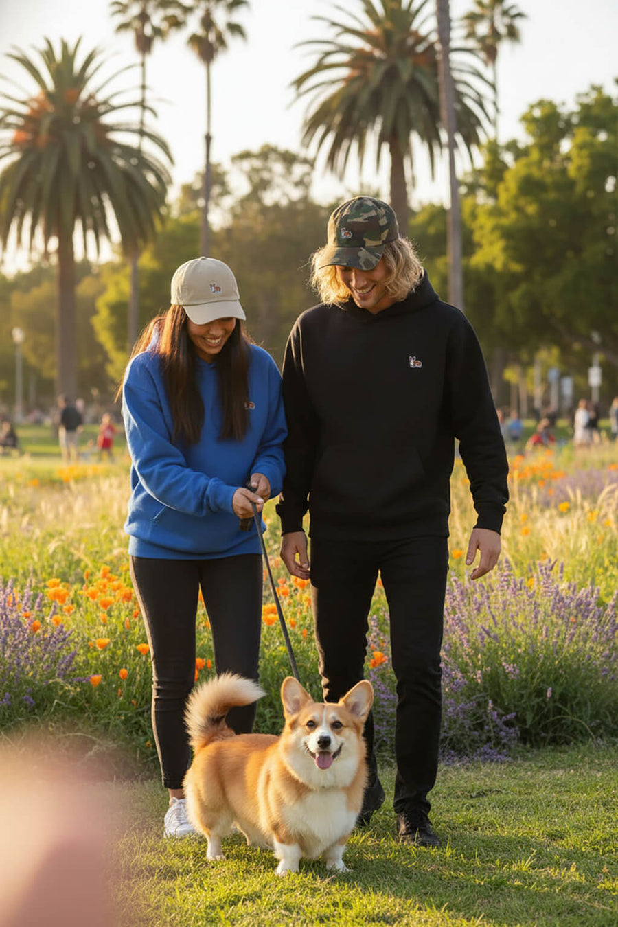 Beige camo Iconic Corgi Baseball Cap from WOOF worn in an everyday setting
