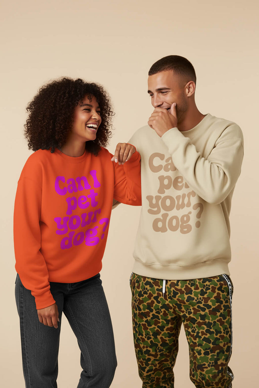 Can I Pet Your Dog Sweatshirts from WOOF in orange and beige