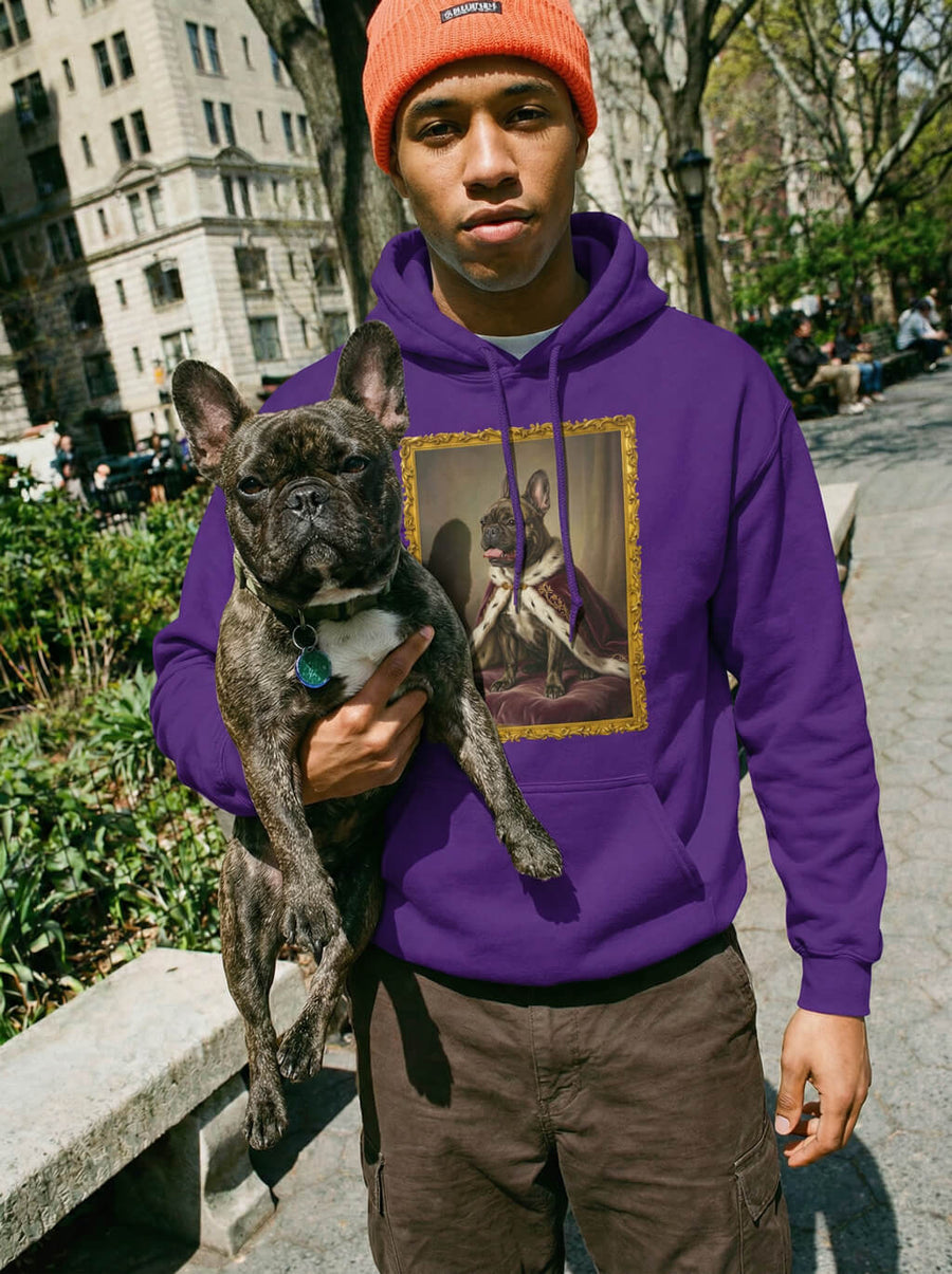 Custom royal dog portrait hoodie from WOOF in purple, portrait example